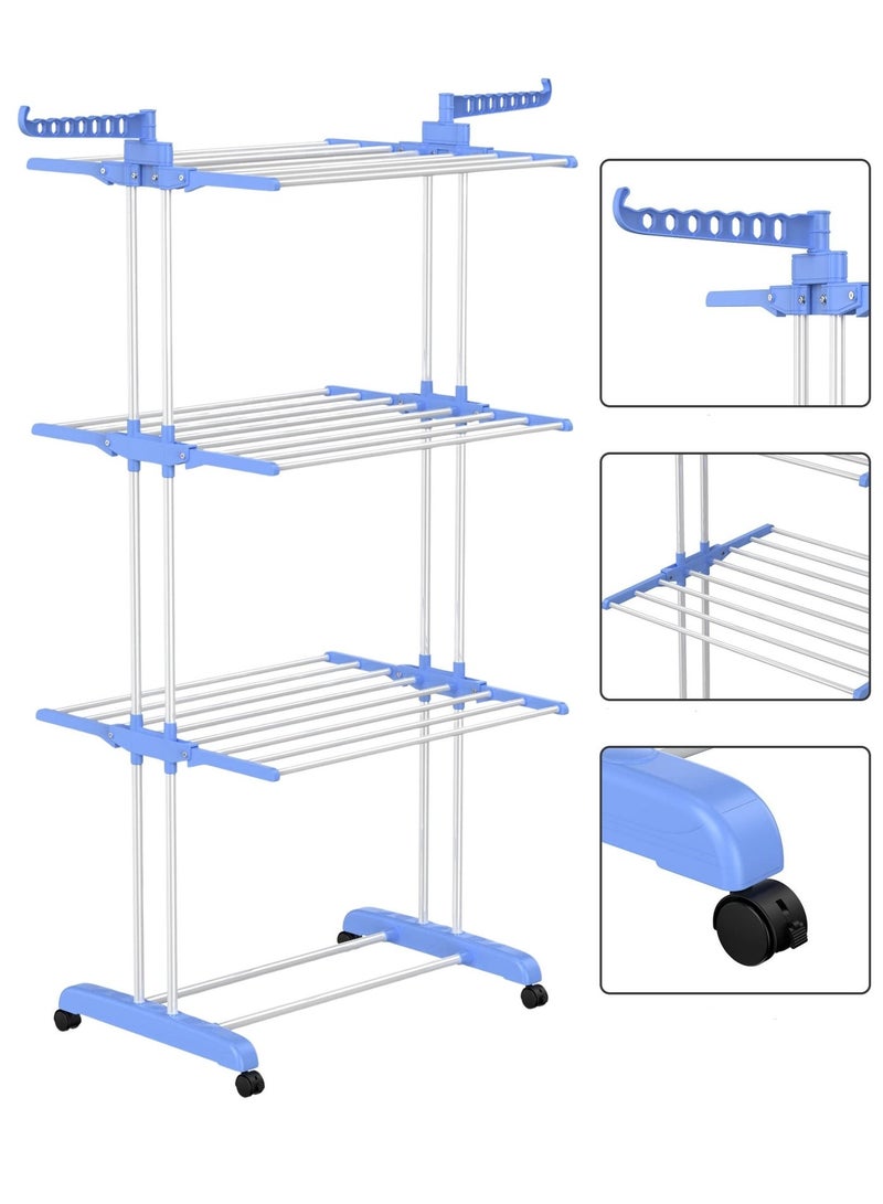 زابروس رف تجفيف الملابس ZAPRUS بأربعة طوابق - حامل قابل للتعديل من الفولاذ المقاوم للصدأ وقابل للطي مع عجلات - رف غسيل داخلي وخارجي للملابس والمناشف والأحذية، بارتفاع 170 سم - Image 1