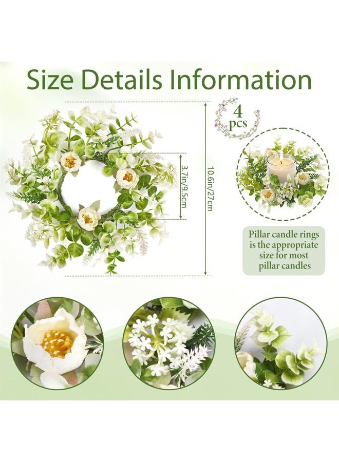 KHOYIME Floral Candle Rings Wreath 4PCS Small Spring Summer White Artificial Flowers Greenery Wreaths for Pillars, Mini Candle Holder Kitchen Cabinets Table Centerpieces Wedding Party Farmhouse Decor - Image 3