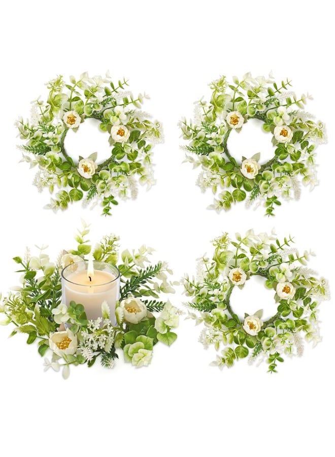 KHOYIME Floral Candle Rings Wreath 4PCS Small Spring Summer White Artificial Flowers Greenery Wreaths for Pillars, Mini Candle Holder Kitchen Cabinets Table Centerpieces Wedding Party Farmhouse Decor - Image 1