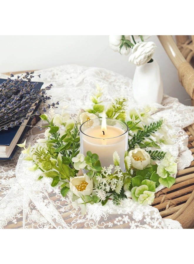 KHOYIME Floral Candle Rings Wreath 4PCS Small Spring Summer White Artificial Flowers Greenery Wreaths for Pillars, Mini Candle Holder Kitchen Cabinets Table Centerpieces Wedding Party Farmhouse Decor - Image 4