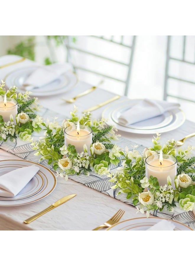KHOYIME Floral Candle Rings Wreath 4PCS Small Spring Summer White Artificial Flowers Greenery Wreaths for Pillars, Mini Candle Holder Kitchen Cabinets Table Centerpieces Wedding Party Farmhouse Decor - Image 2