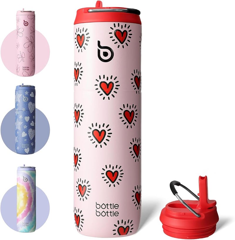 BOTTLE BOTTLE Insulated Water Bottle 24oz with Straw Lid and Handle for Sports Travel Gym Stainless Steel Water Bottles Double-Wall Vacuum Metal Leak Proof BPA-Free (HeartBeats) - Image 1