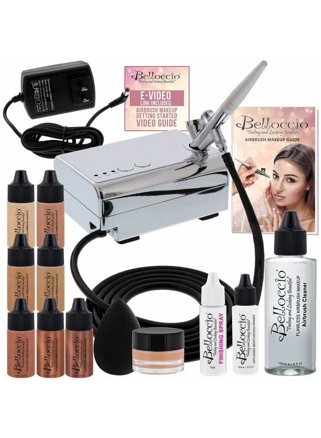 Belloccio Professional Beauty Airbrush Cosmetic Makeup System with 4 Medium Shades of Foundation in 1/4 Ounce Bottles - Kit Includes Blush, Bronzer and Highlighters  - Image 1