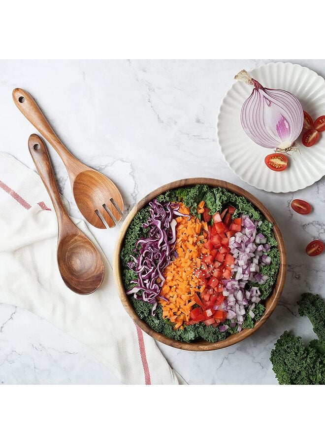 3PCS Wooden Salad Bowl, Acacia Wood Salad Bowls Set Large Salad Mixing Bowl with Servers - Image 3