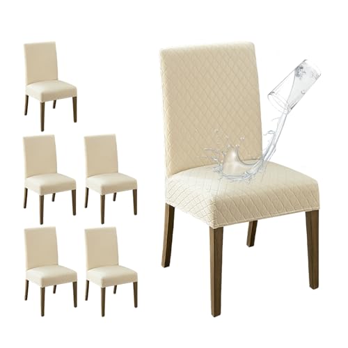 MOSAYT 100 Waterproof Dining Room Chair Covers Set of 6 Super Fit Stretch Jacquard Parson Chairs Slipcovers Removable Washable Chair Seat Protectors for Home Kitchen Banquet Beige - Image 1
