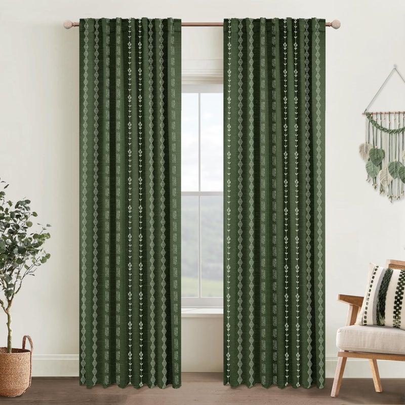Lino Rosa Dark Olive Green Curtains for Bedroom,Boho Floral Back Tab Semi Blackout Mid Century Modern Curtain Drapes 84 Inch Length 2 Panels Set - Image 2