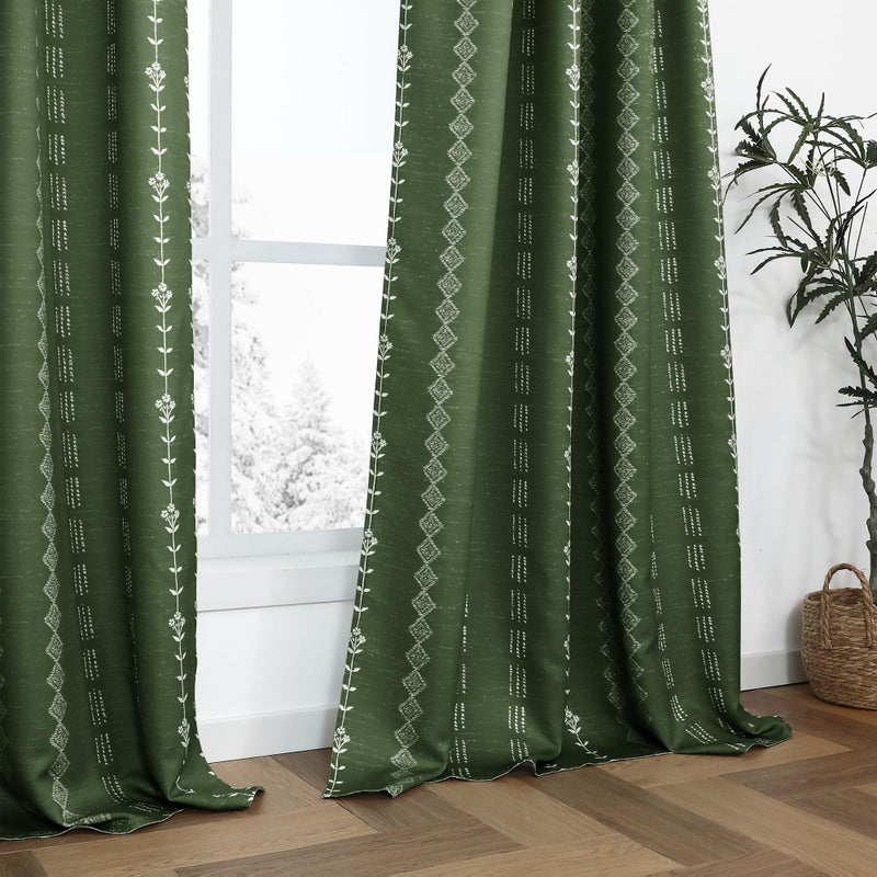 Lino Rosa Dark Olive Green Curtains for Bedroom,Boho Floral Back Tab Semi Blackout Mid Century Modern Curtain Drapes 84 Inch Length 2 Panels Set - Image 1