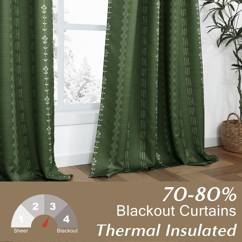 Lino Rosa Dark Olive Green Curtains for Bedroom,Boho Floral Back Tab Semi Blackout Mid Century Modern Curtain Drapes 84 Inch Length 2 Panels Set - Image 3