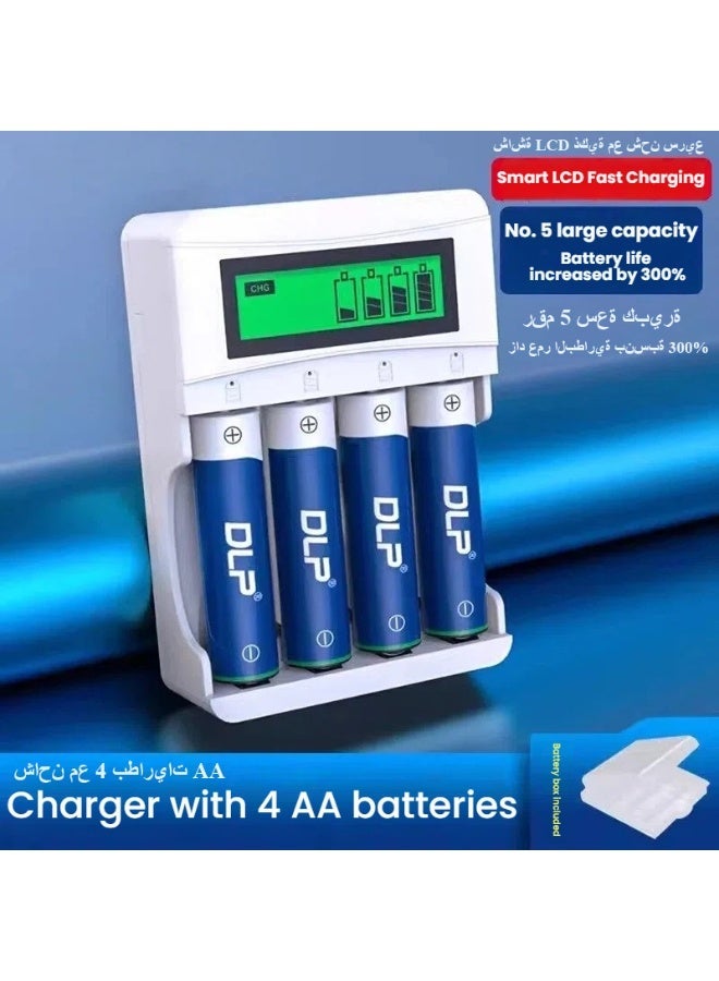 DLP High Capacity Rechargeable Batteries Ni-MH 3300mAh 1200 Cycles (4Pcs AA Batteries) with LCD Smart Battery Charger for Rechargeable AA AAA Batteries - Image 1