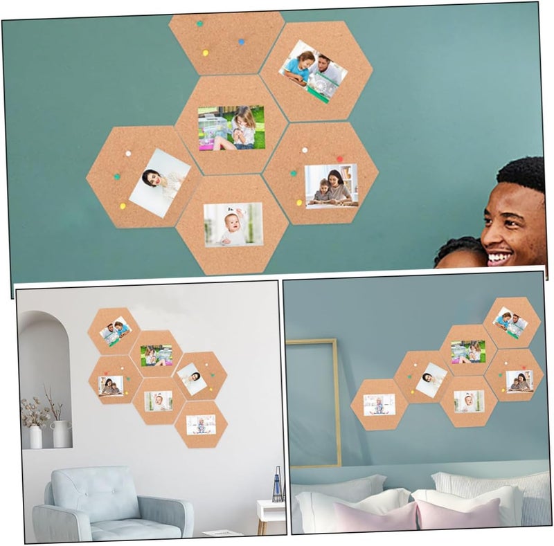 SUPVOX Hexagonal Cork Pin Board 7pcs Set with 56 Cork Pins Self-Adhesive Wall Bulletin Board for Office and Home Photo Display Message Notice - Image 3