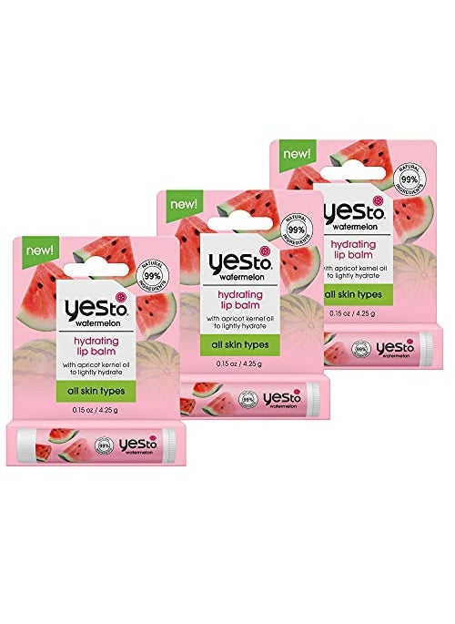 Yes To Yes To Watermelon Hydrating Lip Balm, Refreshing Non-Sticky Formula That Restores Dry Cracked Lips & Locks In Moisture, With Apricot Kernel Oil & Antioxidants, Natural & Cruelty Free, 0.15 Oz, 3-Pack 