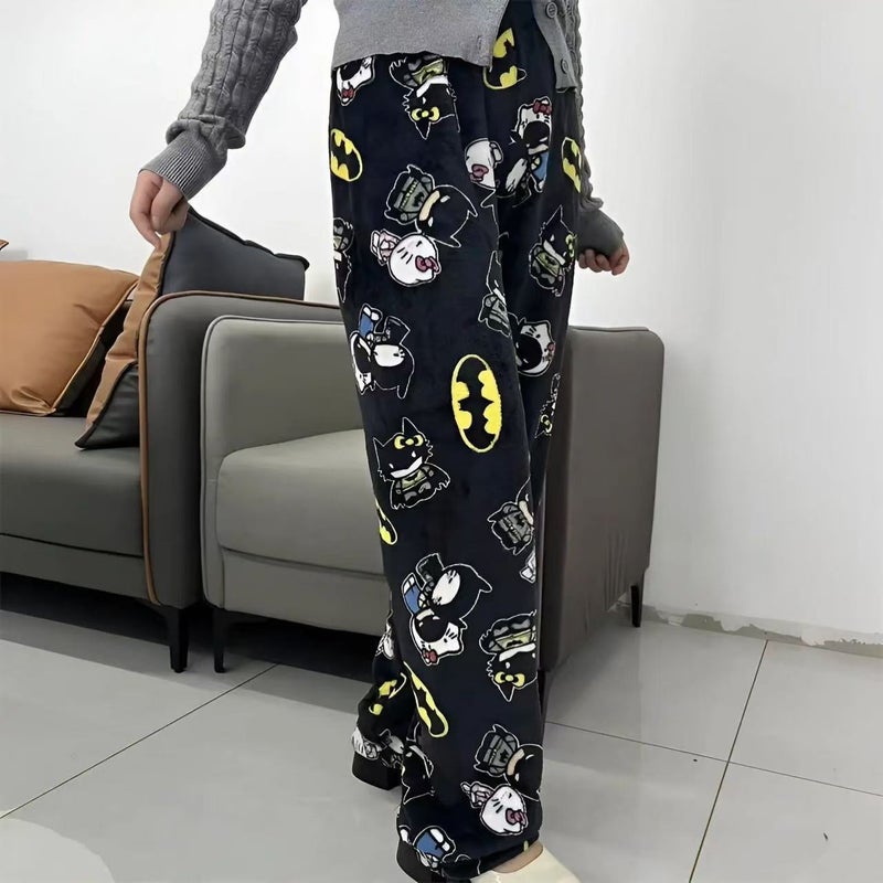 Foreign Trade Cartoon Vintage Flannel Autumn and Winter Straight Casual Pants Womens Autumn fleece-lined Warm Home Pants Walking Pants Batman - Image 1