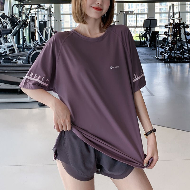 Generic Sports T-shirt Womens Loose Running Blouse Summer Thin Yoga Short-sleeved plus size chubby girl Quick-drying Fitness Top Purple short sleeve 884 [regular]] 