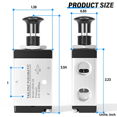 TAILONZ PNEUMATIC 3 Way 2 Position Air Hand Lever Operated Valve 1/4"NPT Pneumatic Solenoid Valve Manual Control Push-Pull 3R210-08 - Image 2