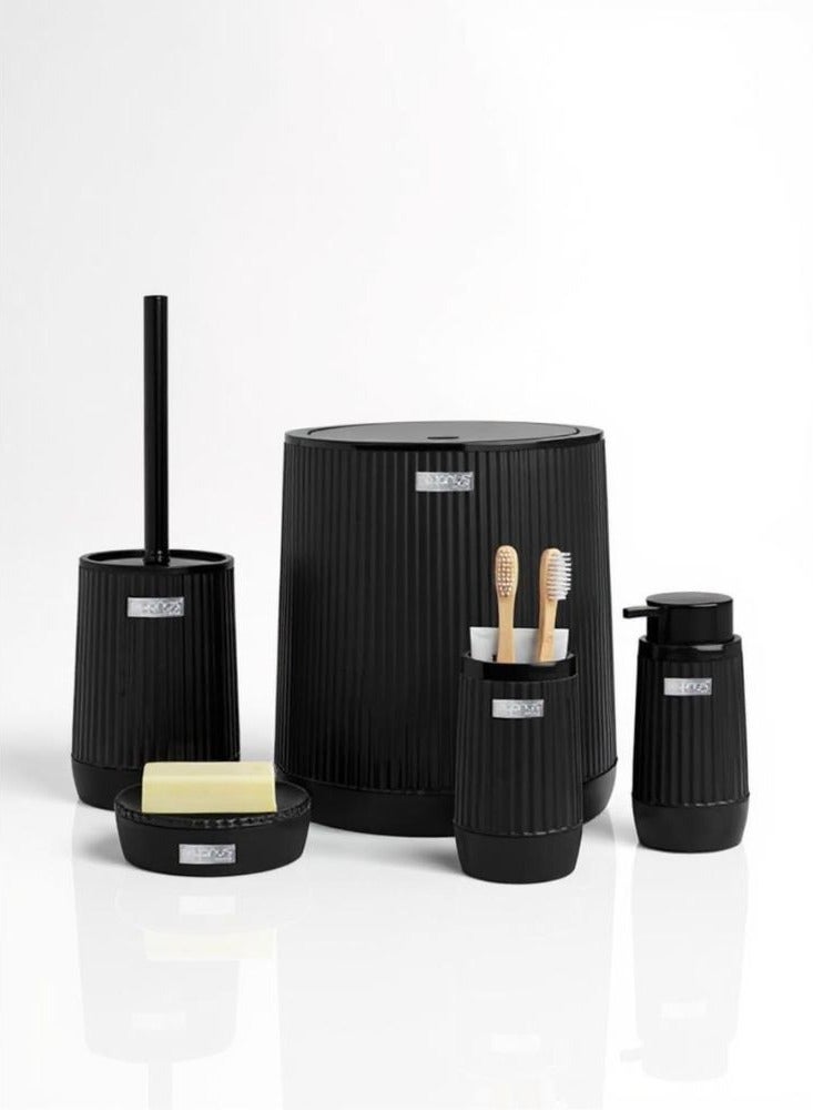 Okyanus 5 piece plastic bathroom accessories set includes toilet brush liquid soap dispenser trash bin toothbrush & toothpaste holder soap dish durable bathroom organizer kit black  - Image 1