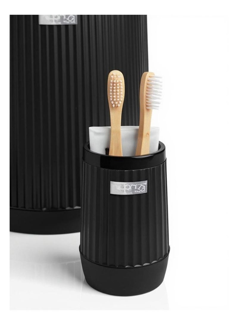 Okyanus 5 piece plastic bathroom accessories set includes toilet brush liquid soap dispenser trash bin toothbrush & toothpaste holder soap dish durable bathroom organizer kit black  - Image 3