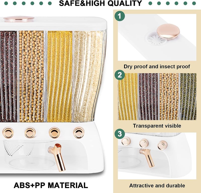 KEYOZA موزع أرز محكم 6 في 1 KEYOZA لخزانة المطبخ حبوب جافة حاوية للأرز والعدس والحبوب والفاصوليا وطعام جاف حاوية تخزين شفافة دلو للمطبخ أبيض - Image 3