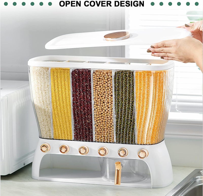 KEYOZA موزع أرز محكم 6 في 1 KEYOZA لخزانة المطبخ حبوب جافة حاوية للأرز والعدس والحبوب والفاصوليا وطعام جاف حاوية تخزين شفافة دلو للمطبخ أبيض - Image 4