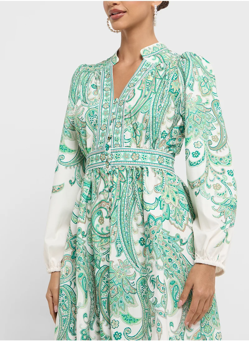 Khizana Long Printed Dress With Bow Tie Detail