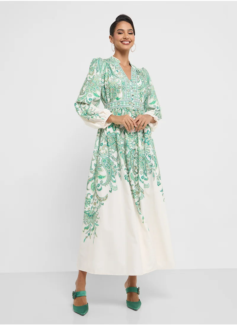 Khizana Long Printed Dress With Bow Tie Detail