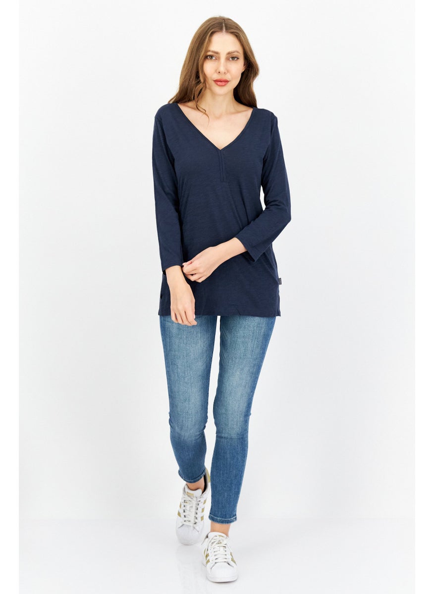 Eddie Bauer - Women V-Neck Long Sleeve Plain Top, Navy - Image 1