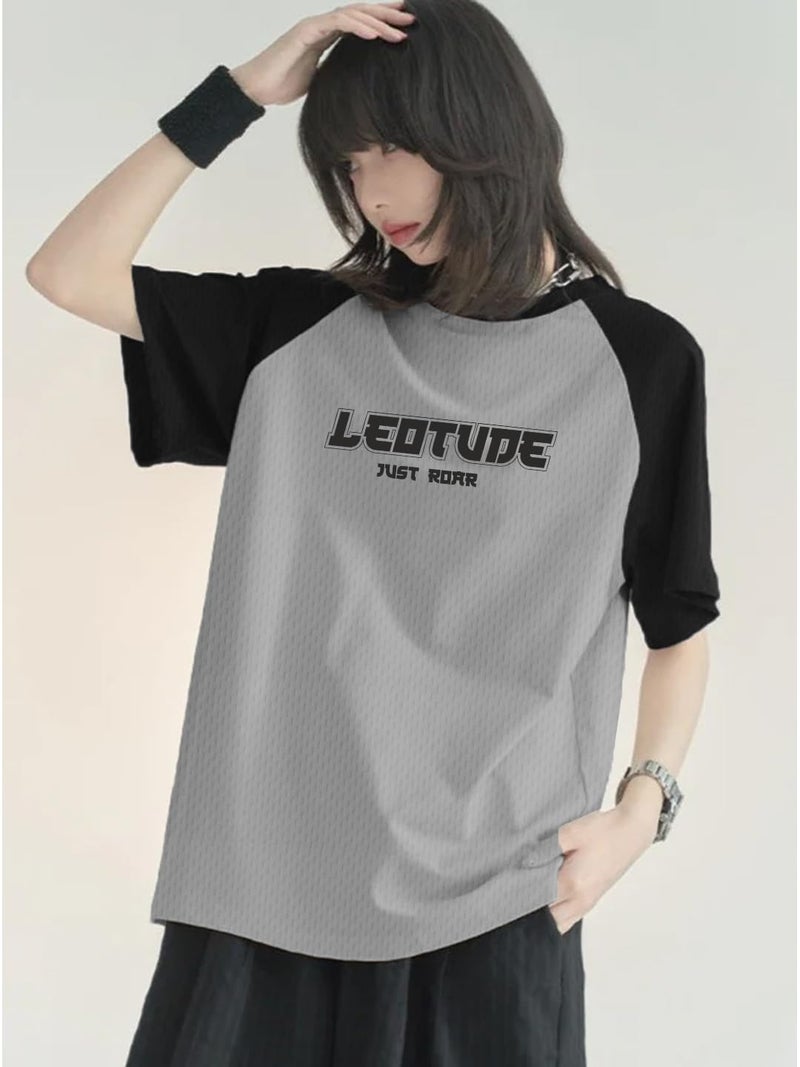 LEOTUDE Womens Half Sleeve Round Neck Cottonblend Printed Oversized Top for Woman (GRL_FS33_Gray_Raglan_C2_P_Grey_L) - Image 5