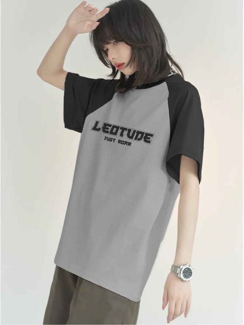 LEOTUDE Womens Half Sleeve Round Neck Cottonblend Printed Oversized Top for Woman (GRL_FS33_Gray_Raglan_C2_P_Grey_L) - Image 3