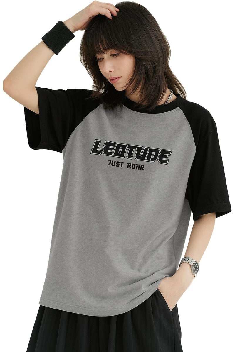 LEOTUDE Womens Half Sleeve Round Neck Cottonblend Printed Oversized Top for Woman (GRL_FS33_Gray_Raglan_C2_P_Grey_L) - Image 1
