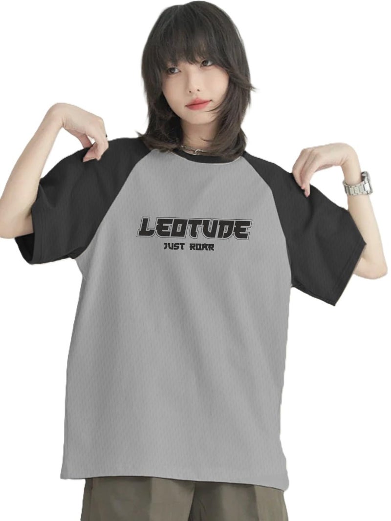 LEOTUDE Womens Half Sleeve Round Neck Cottonblend Printed Oversized Top for Woman (GRL_FS33_Gray_Raglan_C2_P_Grey_L) - Image 2