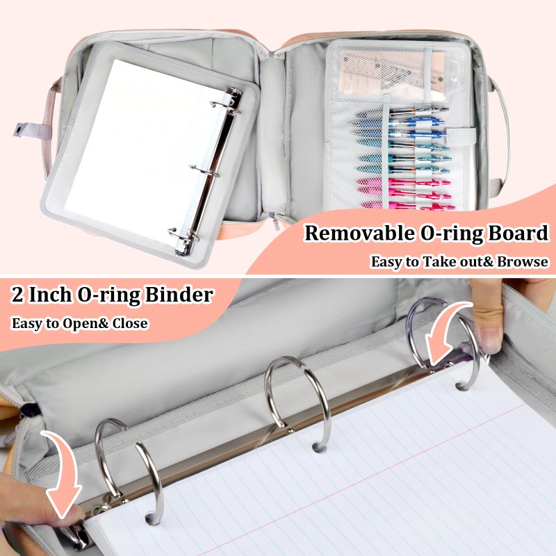 SIYNPAV 3 Ring Zipper Binder Bag 2 Inch with Shoulder Strap, Waterproof Nylon Binder with Zipper for 500 Sheet Capacity, Multi-Pocket Portfolio Organizer Case for 13 Inch Laptop Middle School (Peach) - Image 4