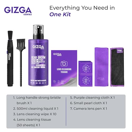Gizga Essentials Gizga Pro Series 7-in-1 Cleaning KIT - 500ml Cleaning Spray, DSLR Lens Pen, 50-Lens Tissues, Soft Brush, 10 Wet Wipes, Microfiber Cloths| Ideal for Camera Lens and All Gadgets - Image 2