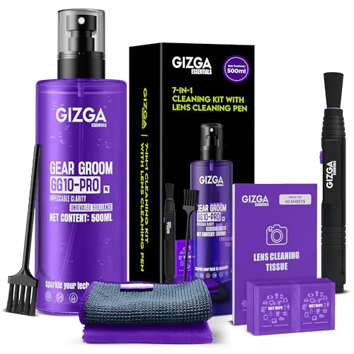 Gizga Essentials Gizga Pro Series 7-in-1 Cleaning KIT - 500ml Cleaning Spray, DSLR Lens Pen, 50-Lens Tissues, Soft Brush, 10 Wet Wipes, Microfiber Cloths| Ideal for Camera Lens and All Gadgets - Image 1