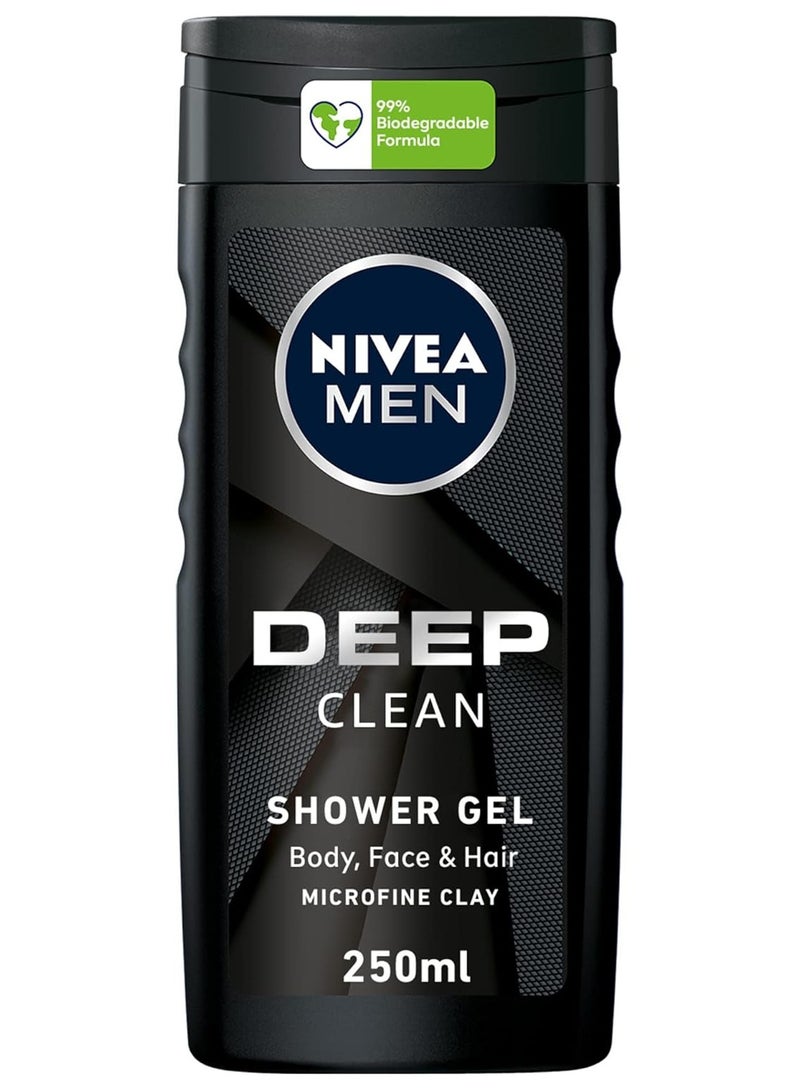 NIVEA MEN 3in1 Shower Gel Body Wash, Cleansing DEEP Micro-Fine Clay, Woody Scent, 250ml