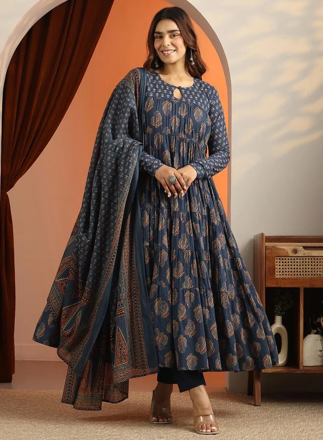 لباس Blue Printed Cotton Anarkali Kurta, Trousers and Dupatta Set