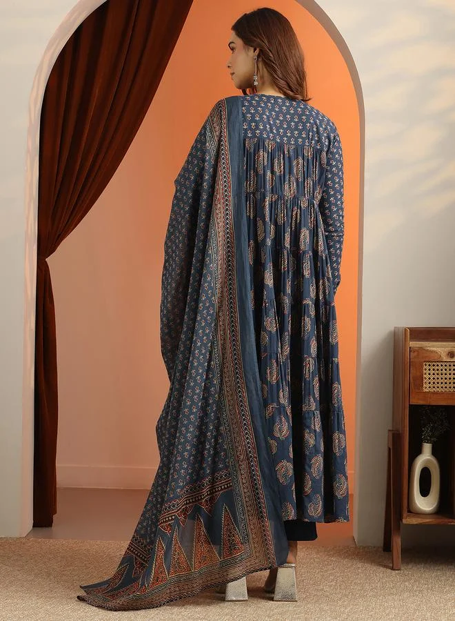 لباس Blue Printed Cotton Anarkali Kurta, Trousers and Dupatta Set