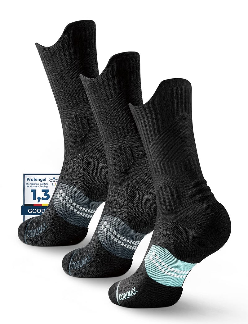 Juclise Womens Coolmax Bamboo Viscose Compression Running Crew Socks, Moisture-Wicking Anti-Blister Hiking&Gym Athletic (US, Alpha, Medium, Regular, Regular, Classic Black*2+Aqua Black*1) - Image 1