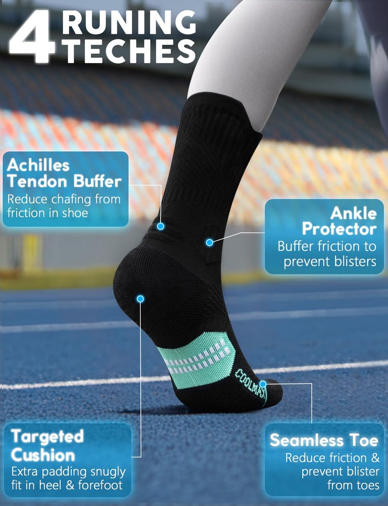 Juclise Womens Coolmax Bamboo Viscose Compression Running Crew Socks, Moisture-Wicking Anti-Blister Hiking&Gym Athletic (US, Alpha, Medium, Regular, Regular, Classic Black*2+Aqua Black*1) - Image 4