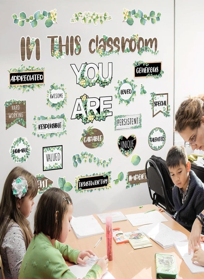 VABAMNA Bulletin Board Decorations, Eucalyptus Classroom Decor, 30Pcs Eucalyptus Positive Inspirational Affirmation Decor Greenery Classroom Decor for Teacher School Supplies Classroom Door Wall - Image 2