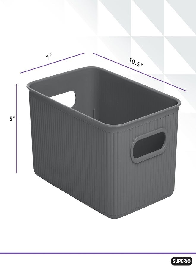 Superio Ribbed Collection - Decorative Plastic Lidded Home Storage Bins Organizer Baskets, Medium Grey (1 Pack - 5 Liter) Stackable Container Box, for Organizing Closet Shelves Drawer Shelf - Image 2
