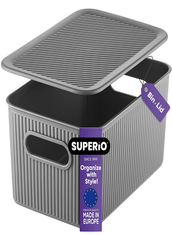 Superio Ribbed Collection - Decorative Plastic Lidded Home Storage Bins Organizer Baskets, Medium Grey (1 Pack - 5 Liter) Stackable Container Box, for Organizing Closet Shelves Drawer Shelf - Image 1