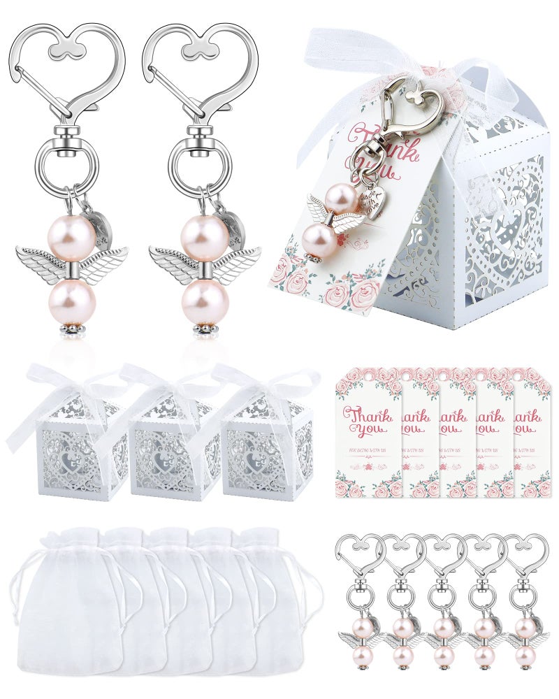 YETOOME 100 Pcs Baby Shower Favors for Girls Angel Keychains Baptism Favor Boxes White Organza Bags with Drawstring Thank You Tags for Baby Shower Baptism Party Gift 25 Sets Pink