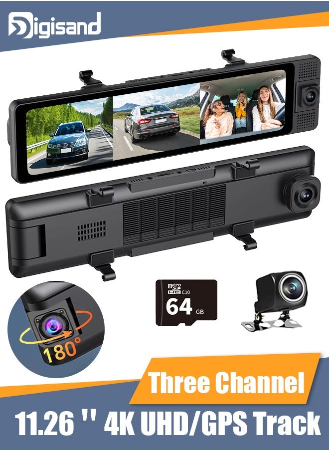Digisand Dash Cam 3 Channel Rearview Mirror Front Inside Rear 4K+1080P+1080P WiFi GPS Dual Lens Car Dvr Camera Infrared Night Vision Free 64GB SD Card  - Image 1