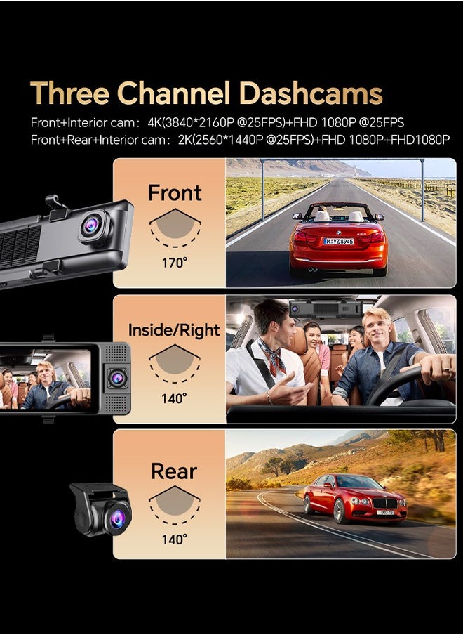 Digisand Dash Cam 3 Channel Rearview Mirror Front Inside Rear 4K+1080P+1080P WiFi GPS Dual Lens Car Dvr Camera Infrared Night Vision Free 64GB SD Card  - Image 3
