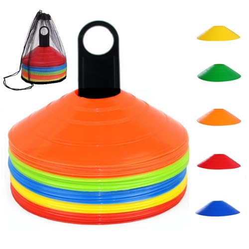 YOQXHY Soccer Cones (50 Pcs), Disc Cone Agility Training Sports Cone Plastic with Carry Bag & Holder for Football Basketball Drills Field Markers, (5 Colors) - Image 1