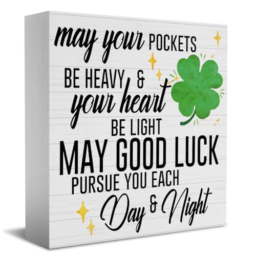 HTBIG Funny St Patricks Day Shamrock Decor Desk Decor Wooden Box Sign St Patricks Day Decorations Irish Blessing Wood Block Sign for Home Office Shelf Table Decoration May Your Pockets Be Heavy - Image 1