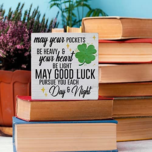 HTBIG Funny St Patricks Day Shamrock Decor Desk Decor Wooden Box Sign St Patricks Day Decorations Irish Blessing Wood Block Sign for Home Office Shelf Table Decoration May Your Pockets Be Heavy - Image 5