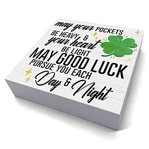 HTBIG Funny St Patricks Day Shamrock Decor Desk Decor Wooden Box Sign St Patricks Day Decorations Irish Blessing Wood Block Sign for Home Office Shelf Table Decoration May Your Pockets Be Heavy - Image 2