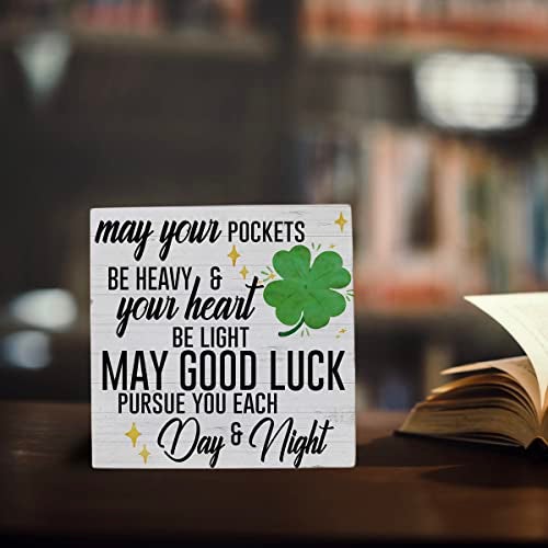 HTBIG Funny St Patricks Day Shamrock Decor Desk Decor Wooden Box Sign St Patricks Day Decorations Irish Blessing Wood Block Sign for Home Office Shelf Table Decoration May Your Pockets Be Heavy - Image 4