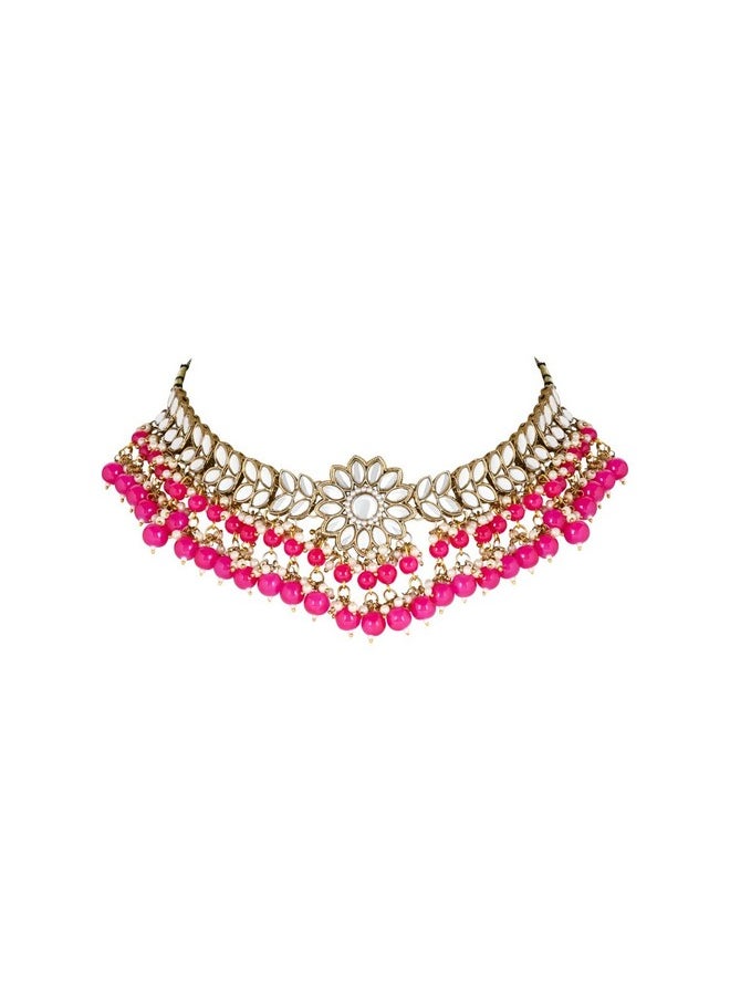 I Jewels I Jewels 18K Gold Plated Traditional Kundan Studded Pearl Hanging Choker Necklace Jewellery Set With Earrings & Maang Tikka For Women & Girls (K7232Q)  - Image 3