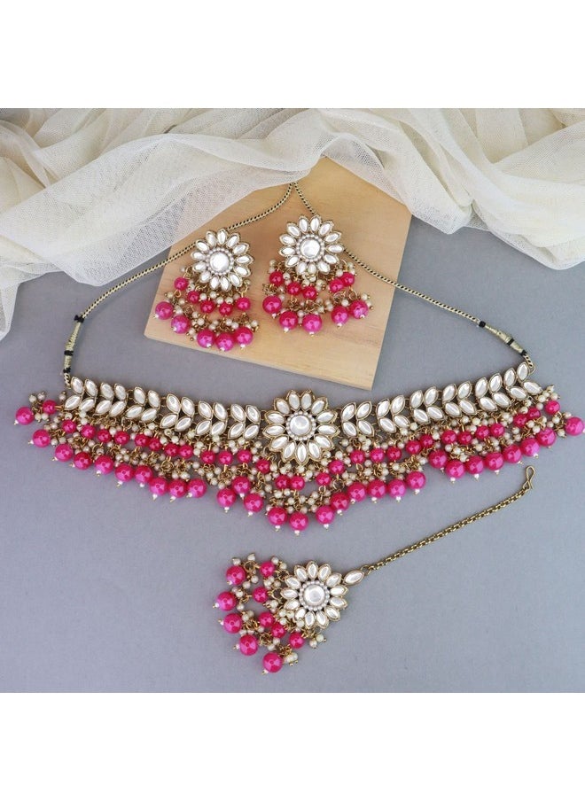I Jewels I Jewels 18K Gold Plated Traditional Kundan Studded Pearl Hanging Choker Necklace Jewellery Set With Earrings & Maang Tikka For Women & Girls (K7232Q)  - Image 2